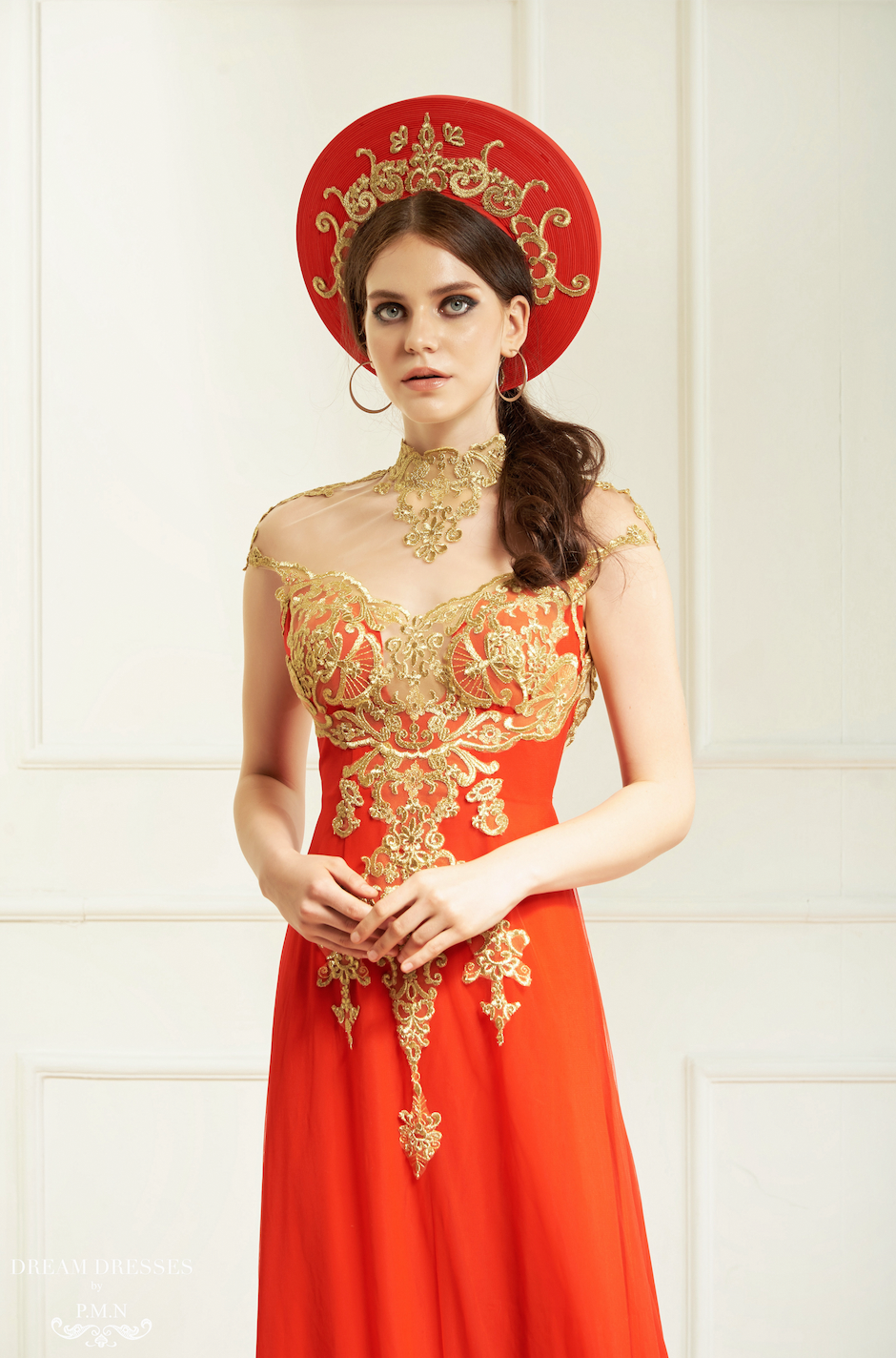 Red and Gold Ao Dai Hat | Vietnamese Bridal Hat (#KARA) - Dream Dresses by P.M.N.