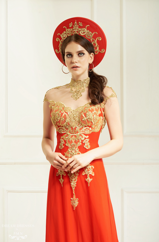 Red and Gold Ao Dai Hat | Vietnamese Bridal Hat (#KARA) - Dream Dresses by P.M.N.