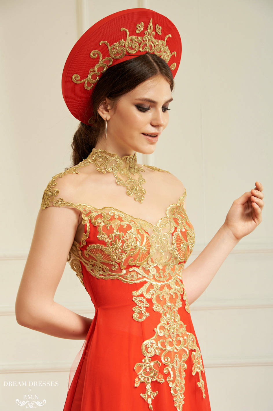 Red Bridal Ao Dai with Gold Lace | Vietnamese Bridal Dress (#KAROLIA)