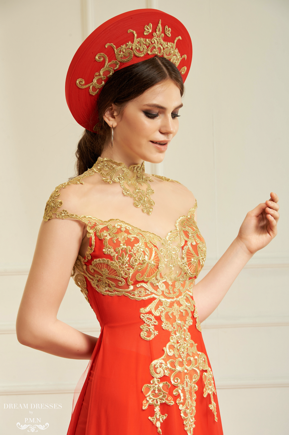 Red and Gold Ao Dai Hat | Vietnamese Bridal Hat (#KARA)