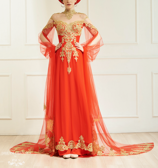 Red Ao Dai Cape | Vietnamese Bridal Cape Sleeves (#ALANA) - Dream Dresses by P.M.N.