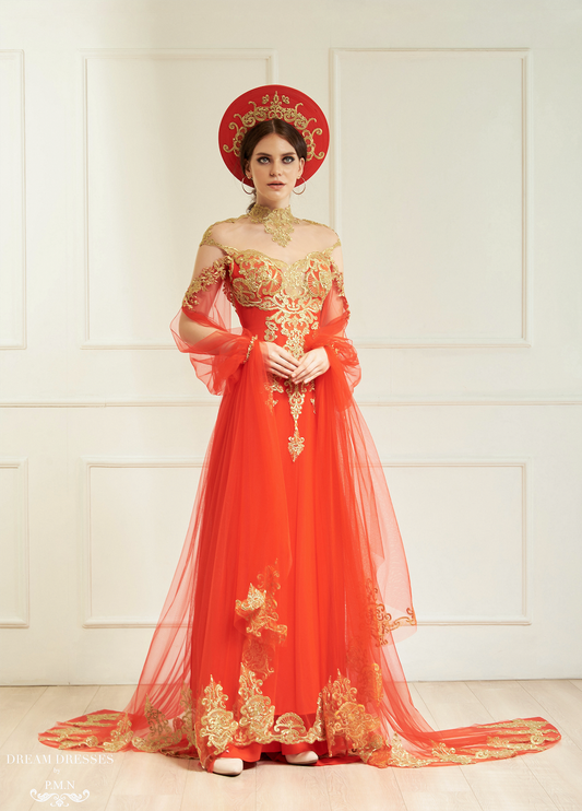Red Ao Dai Cape | Vietnamese Bridal Cape Sleeves (#ALANA) - Dream Dresses by P.M.N.