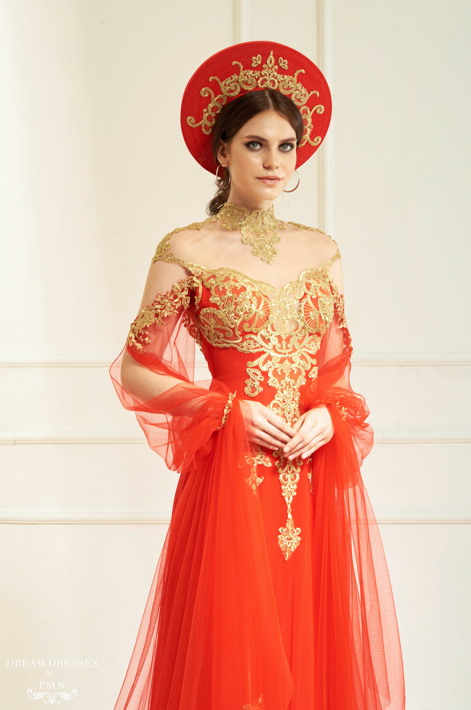 Red Ao Dai Cape | Vietnamese Bridal Cape Sleeves (#ALANA) - Dream Dresses by P.M.N.