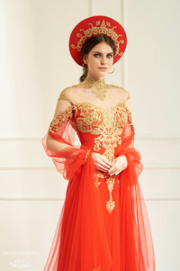 Red Ao Dai Cape | Vietnamese Bridal Cape Sleeves (#ALANA) - Dream Dresses by P.M.N.