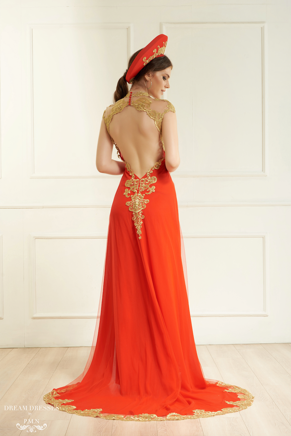 Red Bridal Ao Dai with Gold Lace Vietnamese Bridal Dress KAROLIA Dream Dresses by P.M.N
