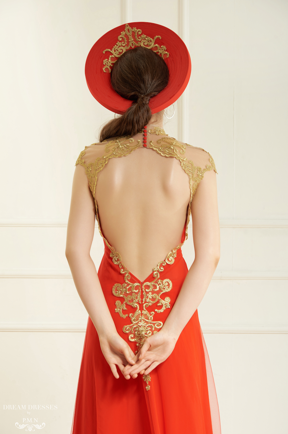 Red Bridal Ao Dai with Gold Lace | Vietnamese Bridal Dress (#KAROLIA)