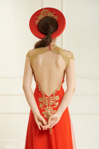 Red Bridal Ao Dai with Gold Lace | Vietnamese Bridal Dress (#KAROLIA) - Dream Dresses by P.M.N.