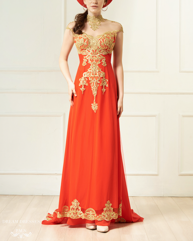 Red Bridal Ao Dai with Gold Lace | Vietnamese Bridal Dress (#KAROLIA)