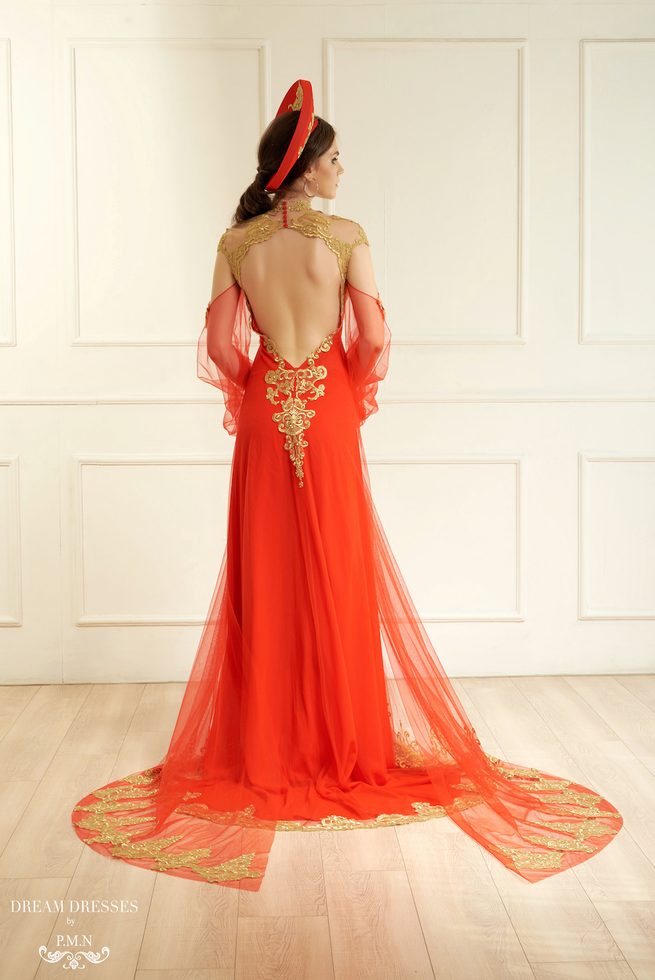 Red Ao Dai Cape | Vietnamese Bridal Cape Sleeves (#ALANA) - Dream Dresses by P.M.N.