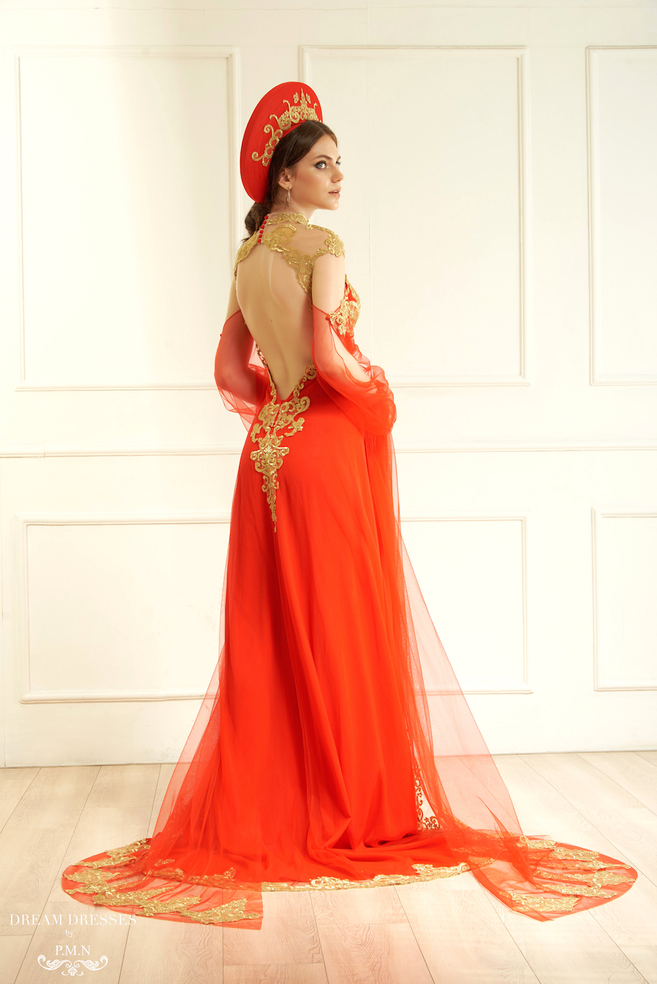 Red Ao Dai Cape | Vietnamese Bridal Cape Sleeves (#ALANA) - Dream Dresses by P.M.N.