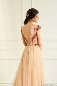 Nude Wedding Gown with Red Lace (#Aida ) - Dream Dresses by P.M.N.