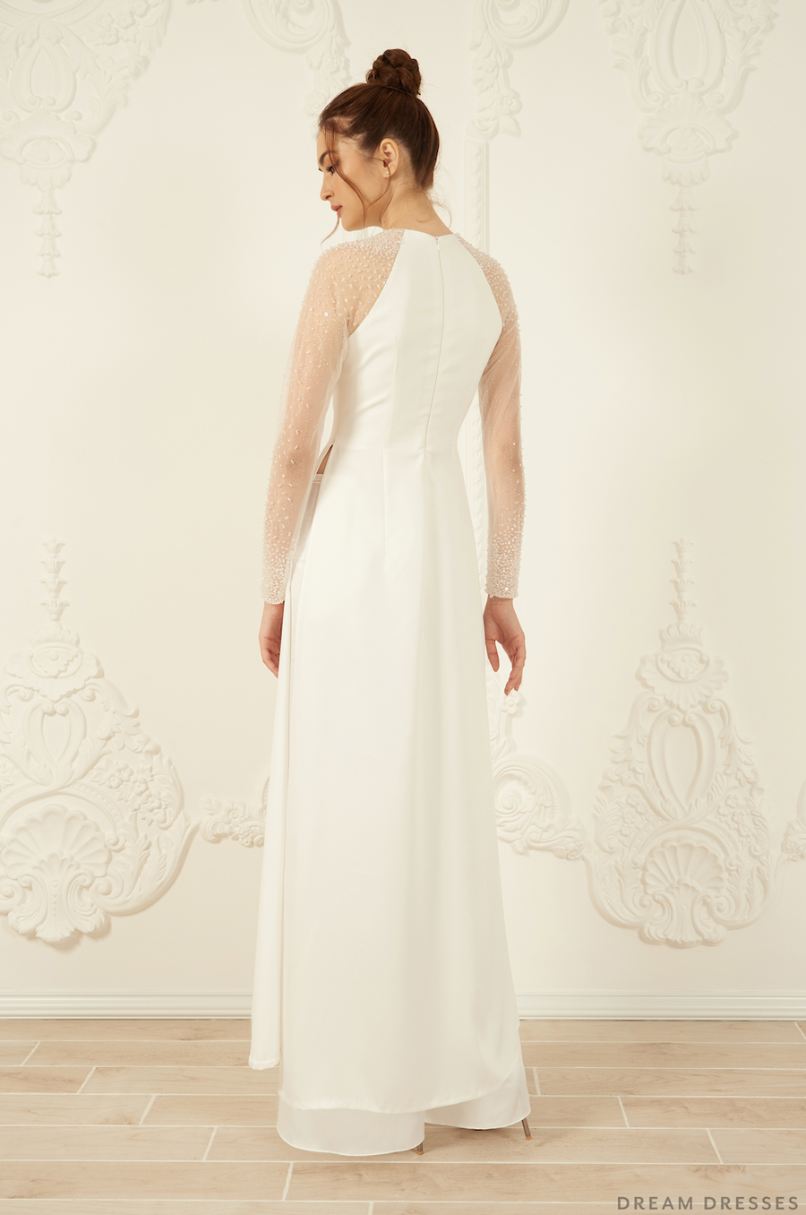 White Bridal Ao Dai | Long Sleeves Vietnamese Bridal Dress (#ROSETA) - Dream Dresses by P.M.N.