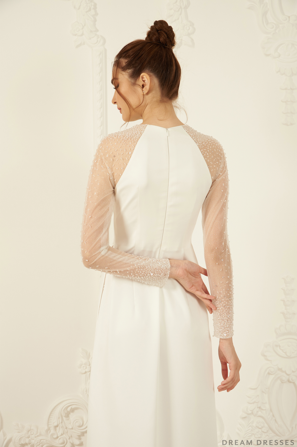 White Bridal Ao Dai | Long Sleeves Vietnamese Bridal Dress (#ROSETA) - Dream Dresses by P.M.N.