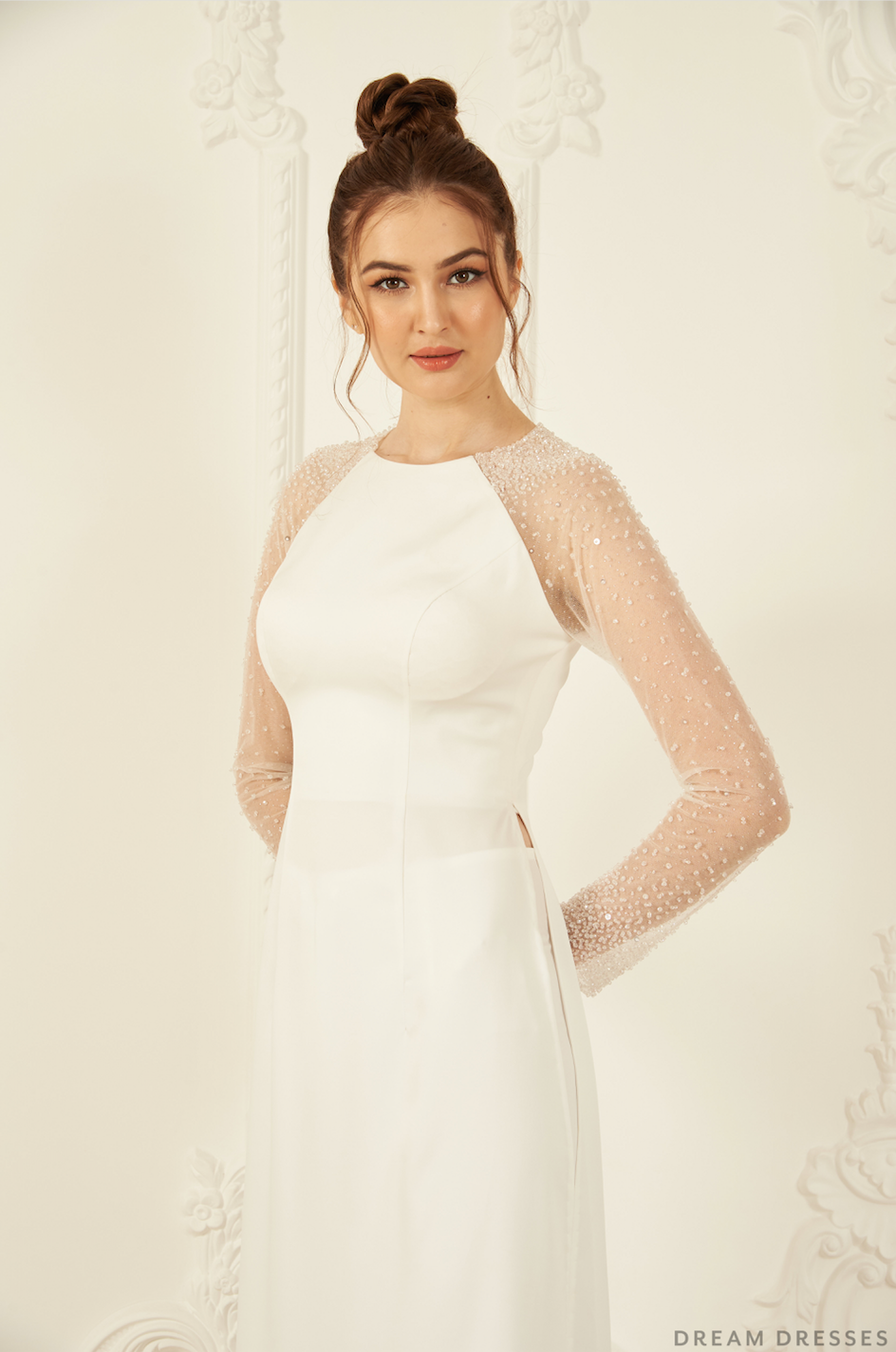 White Bridal Ao Dai | Long Sleeves Vietnamese Bridal Dress (#ROSETA) - Dream Dresses by P.M.N.