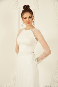White Bridal Ao Dai | Long Sleeves Vietnamese Bridal Dress (#ROSETA) - Dream Dresses by P.M.N.