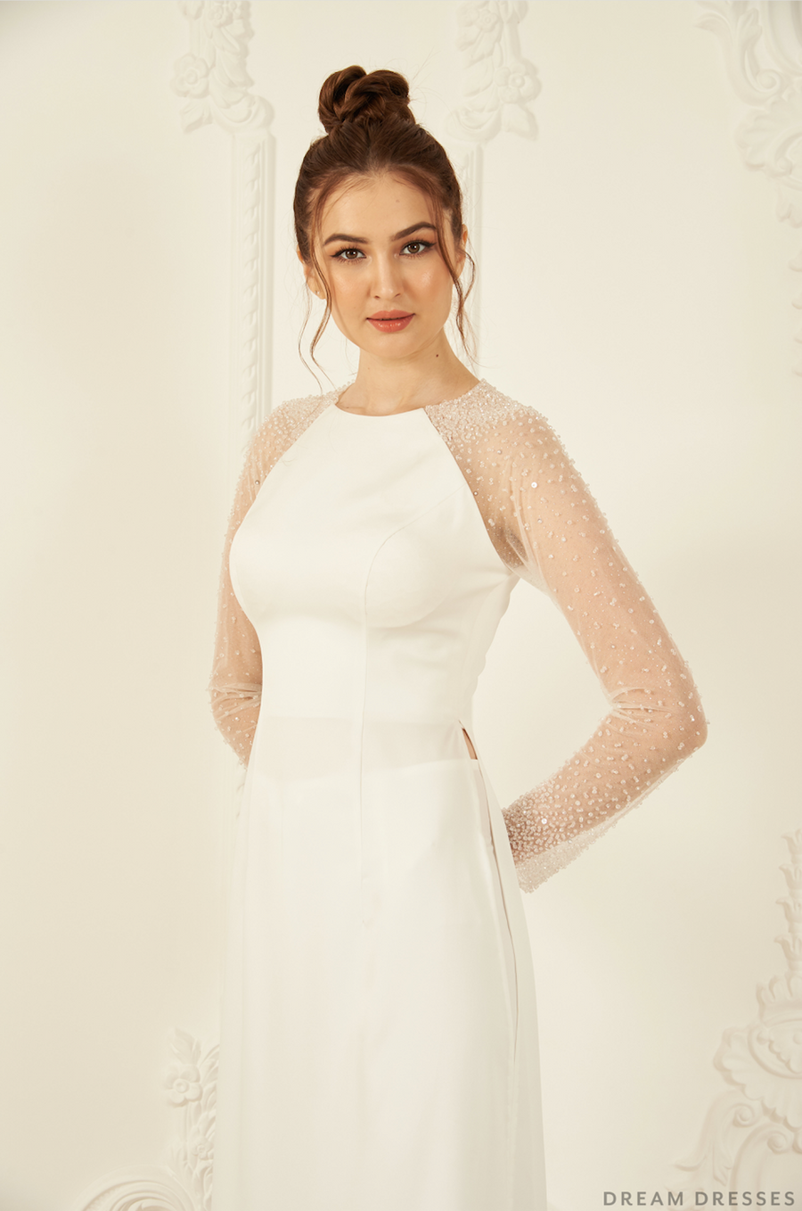 White Bridal Ao Dai | Long Sleeves Vietnamese Bridal Dress (#ROSETA) - Dream Dresses by P.M.N.
