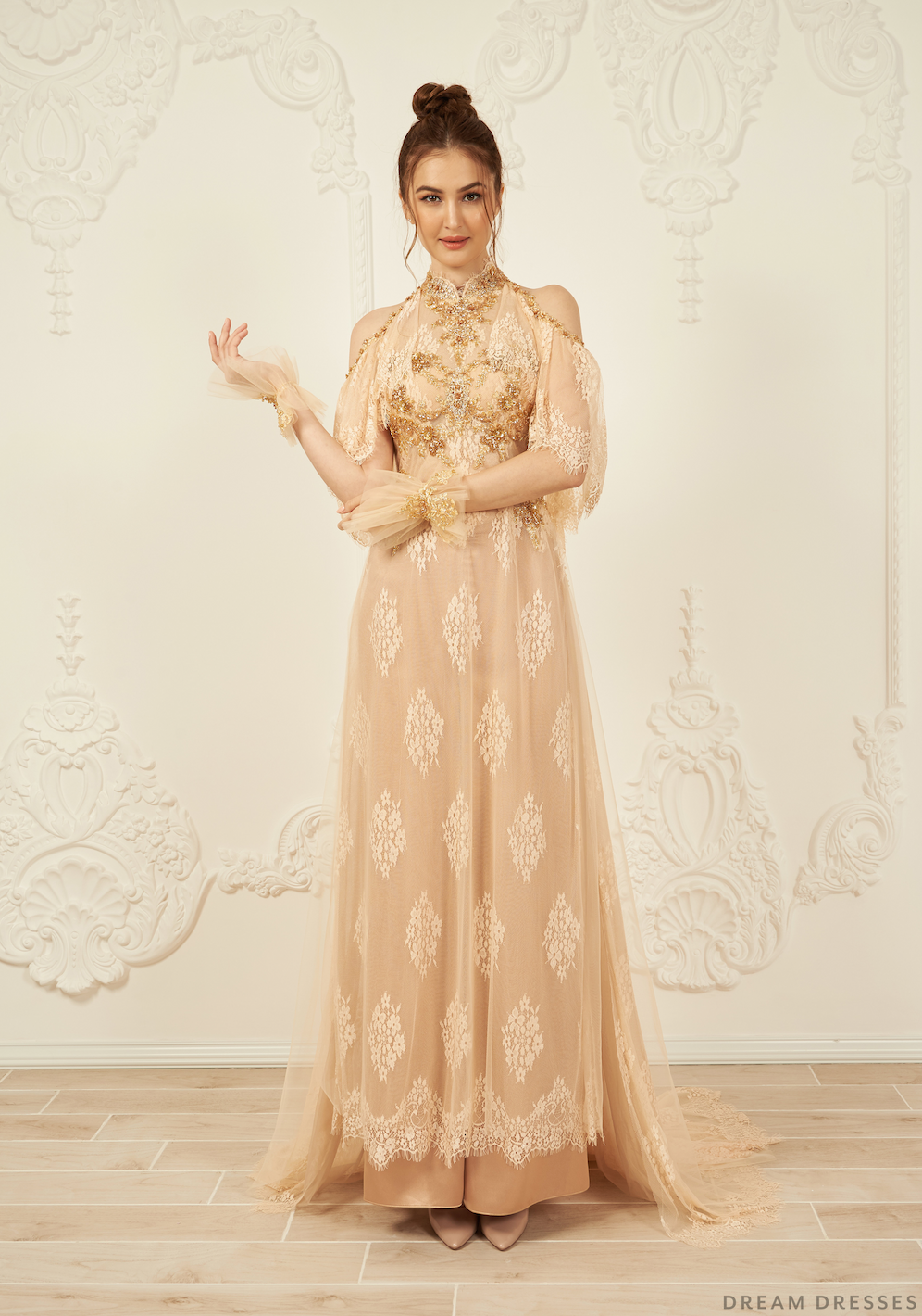 Gold Bridal Ao Dai | Vietnamese Lace Bridal Dress (#CINZIA) - Dream Dresses by P.M.N.