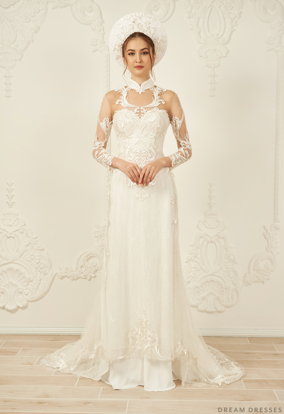 White Bridal Ao Dai | Vietnamese Lace Bridal Dress (#VIVIA)