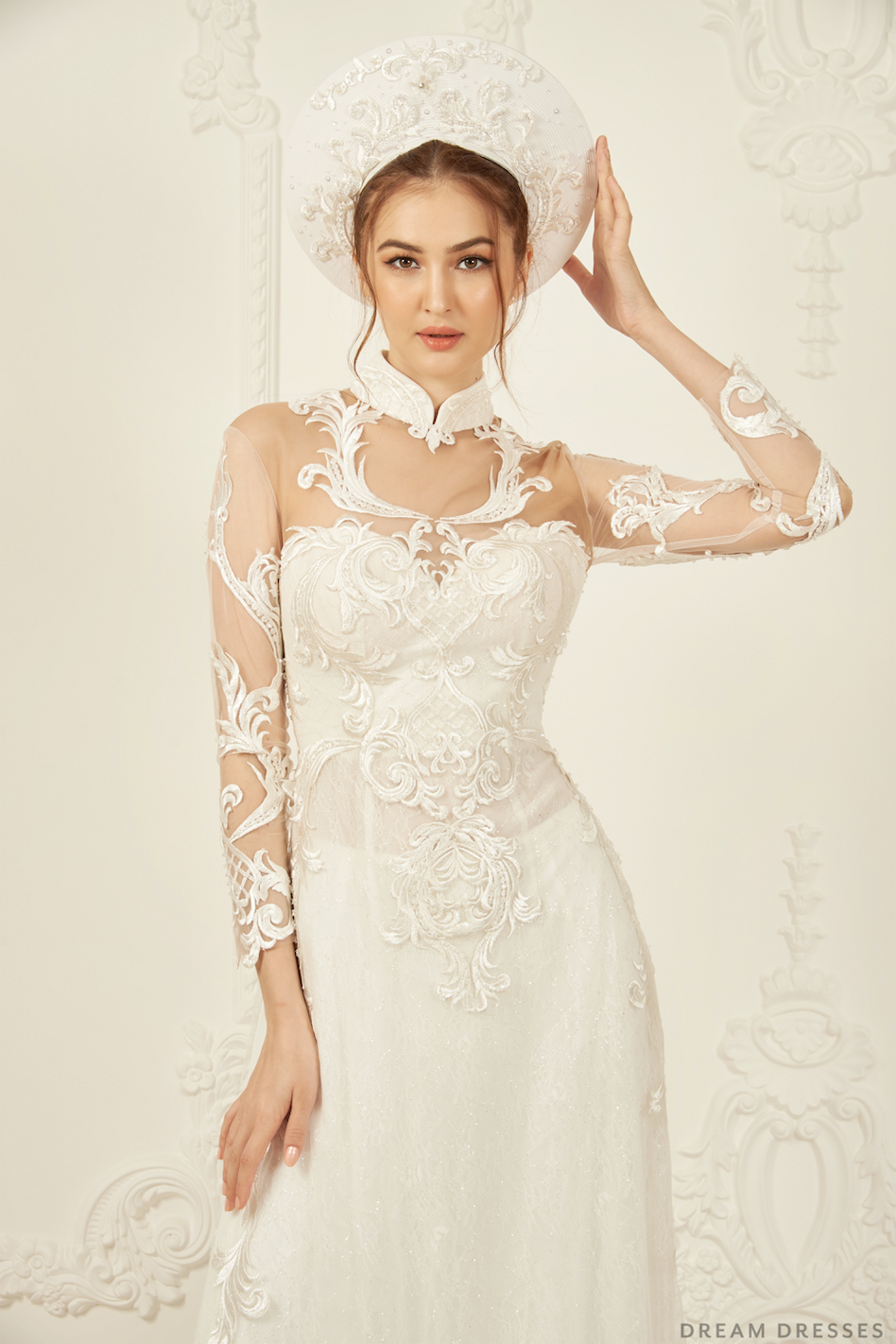 White Bridal Ao Dai | Vietnamese Lace Bridal Dress (#VIVIA)