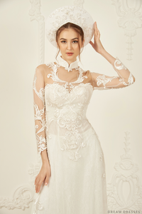 White Bridal Ao Dai | Vietnamese Lace Bridal Dress (#VIVIA) - Dream Dresses by P.M.N.