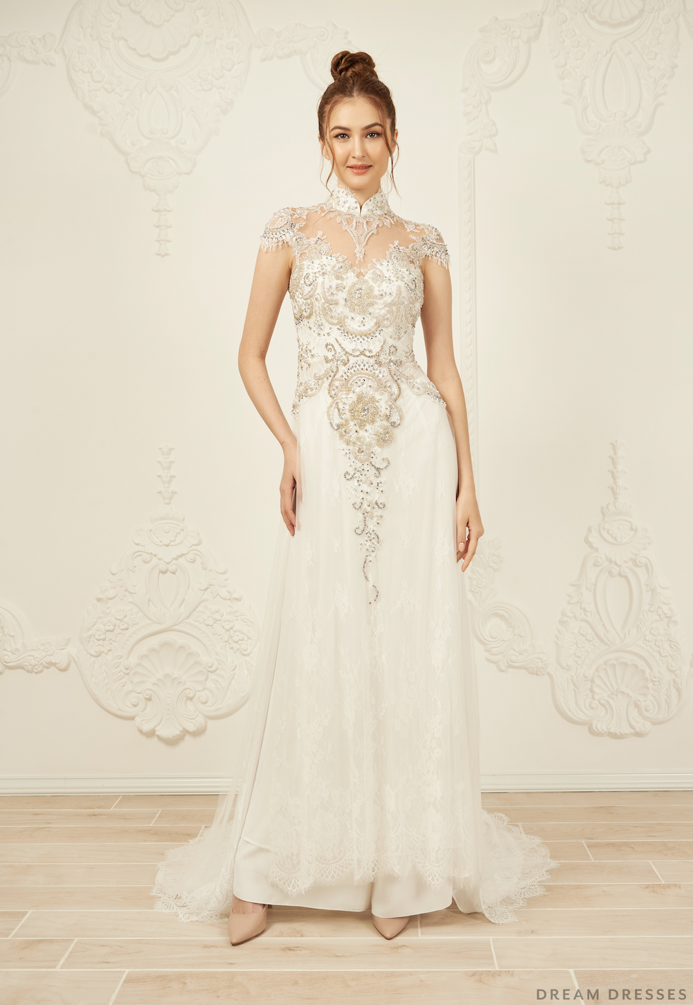 White Bridal Ao Dai | Modern Vietnamese Bridal Dress with Embellishments (#ANTHEA)