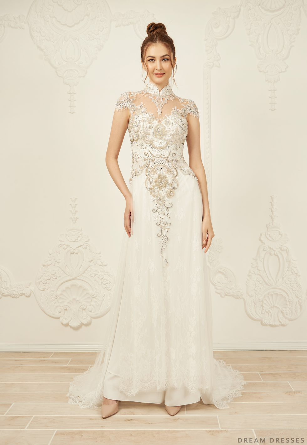 White Bridal Ao Dai | Modern Vietnamese Bridal Dress with Embellishments (#ANTHEA) - Dream Dresses by P.M.N.