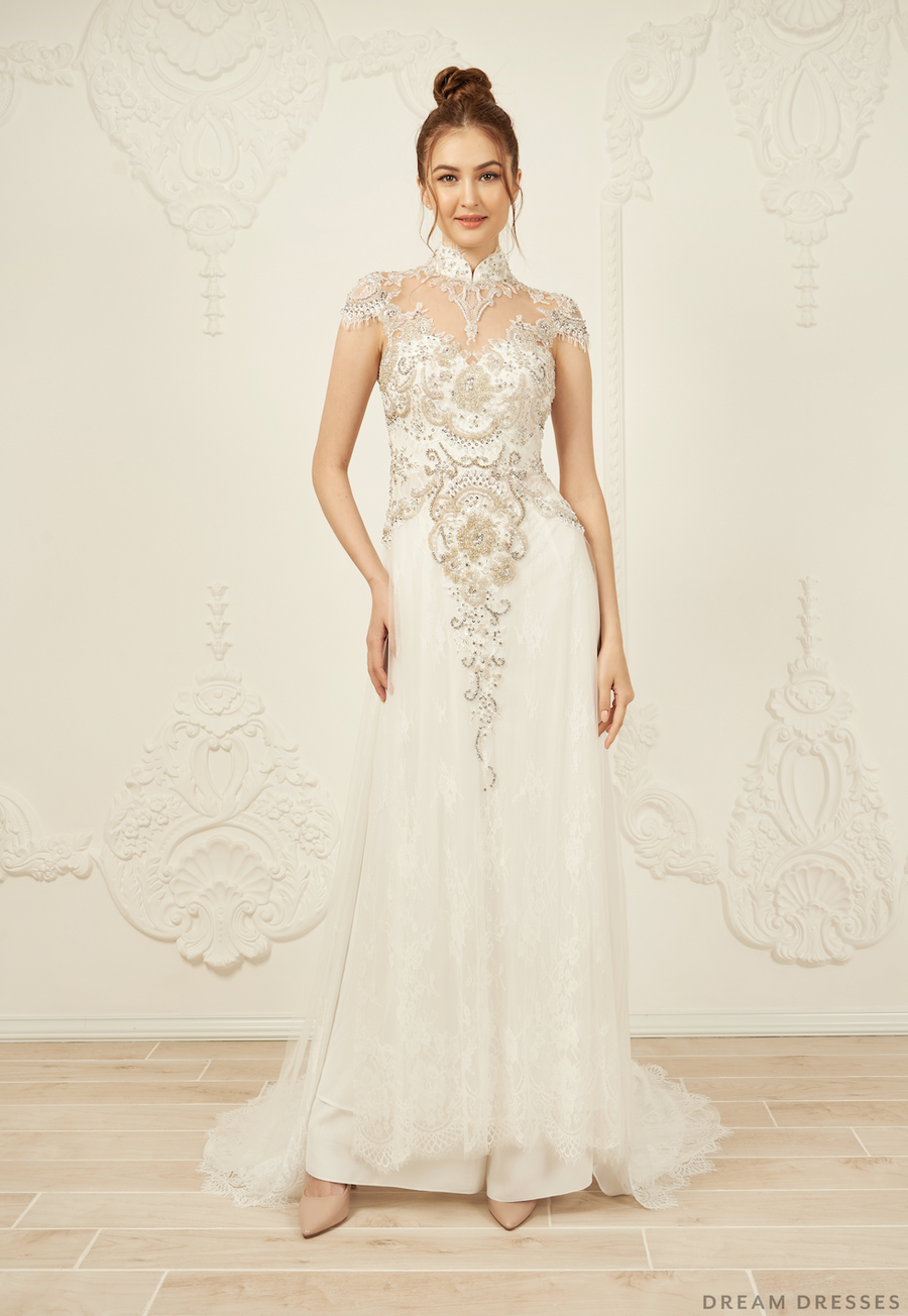 White Bridal Ao Dai | Modern Vietnamese Bridal Dress with Embellishments (#ANTHEA) - Dream Dresses by P.M.N.