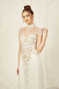 White Bridal Ao Dai | Modern Vietnamese Bridal Dress with Embellishments (#ANTHEA) - Dream Dresses by P.M.N.