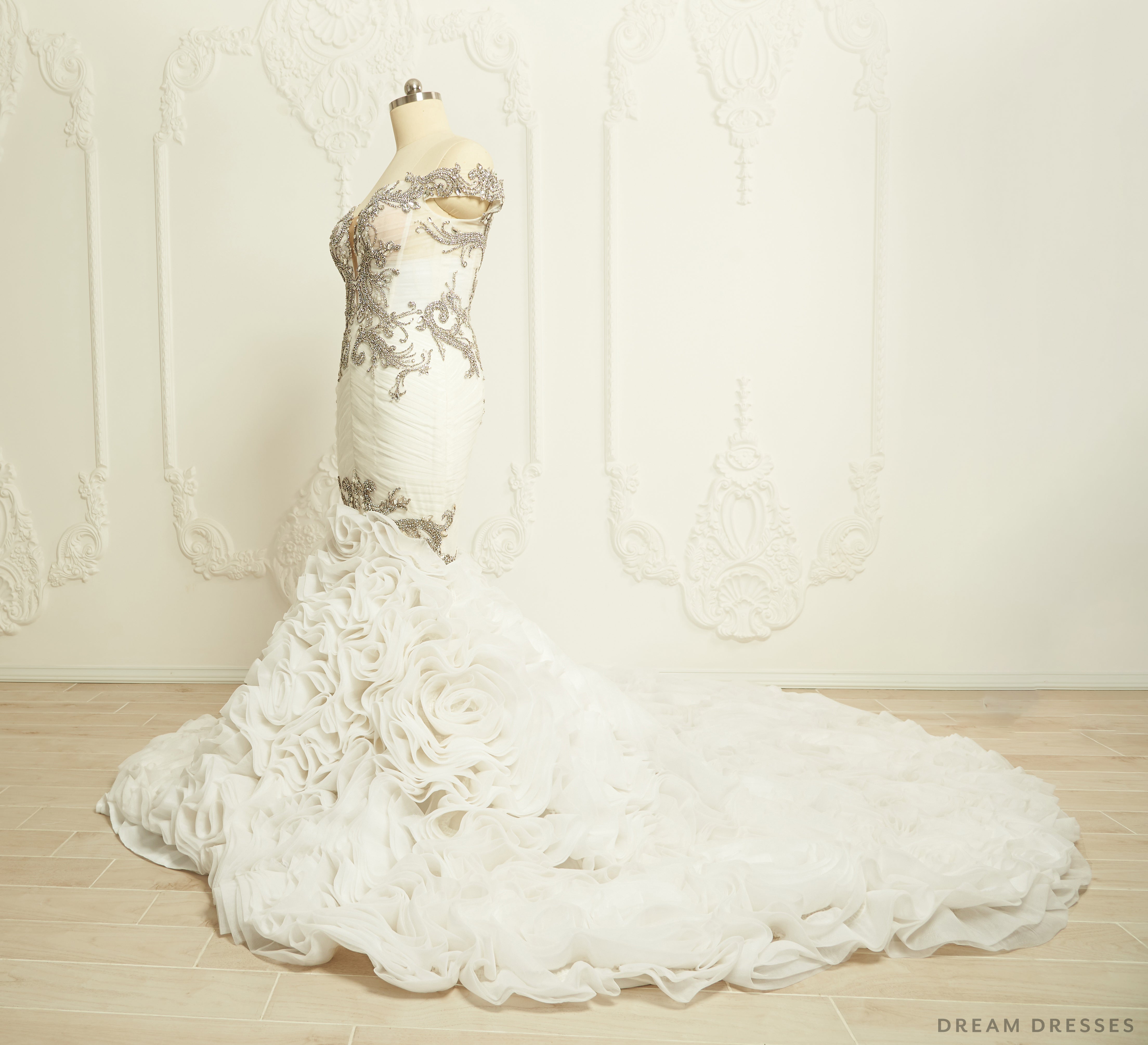 DreamDress By PMN Sharina Mermaid Wedding Dress Gown Neckline Off Shoulder Sleeves Fully Beaded Big Ruffle Cathedral