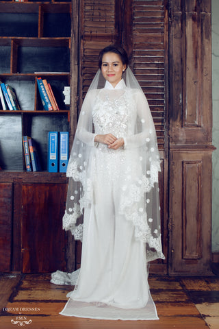 White Bridal Ao Dai | Vietnamese Bridal Dress with Embellishment (#SHERELLE)