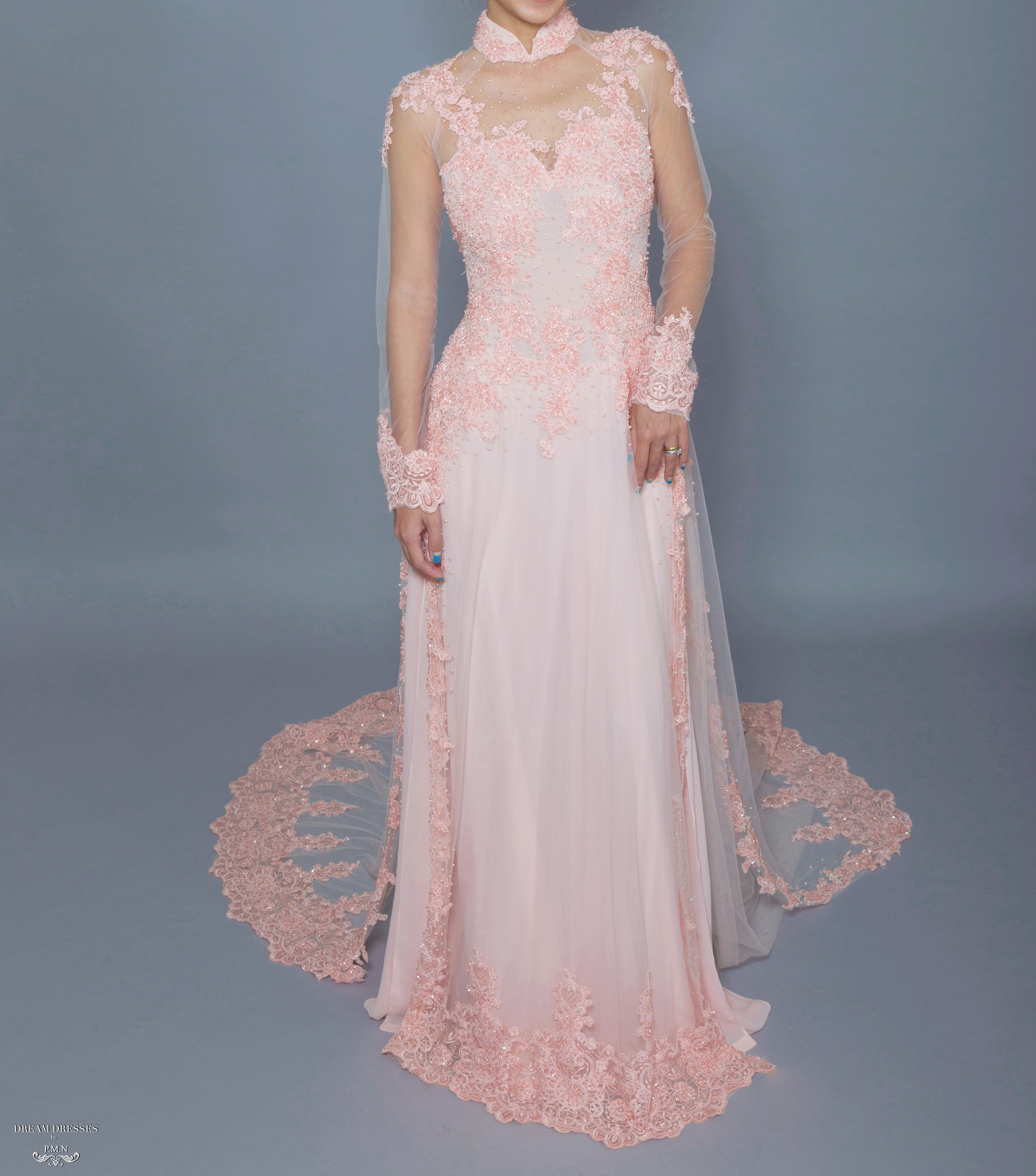 Blush Pink Bridal Ao Dai | Vietnamese Bridal Dress with Embellishment (#TALA)