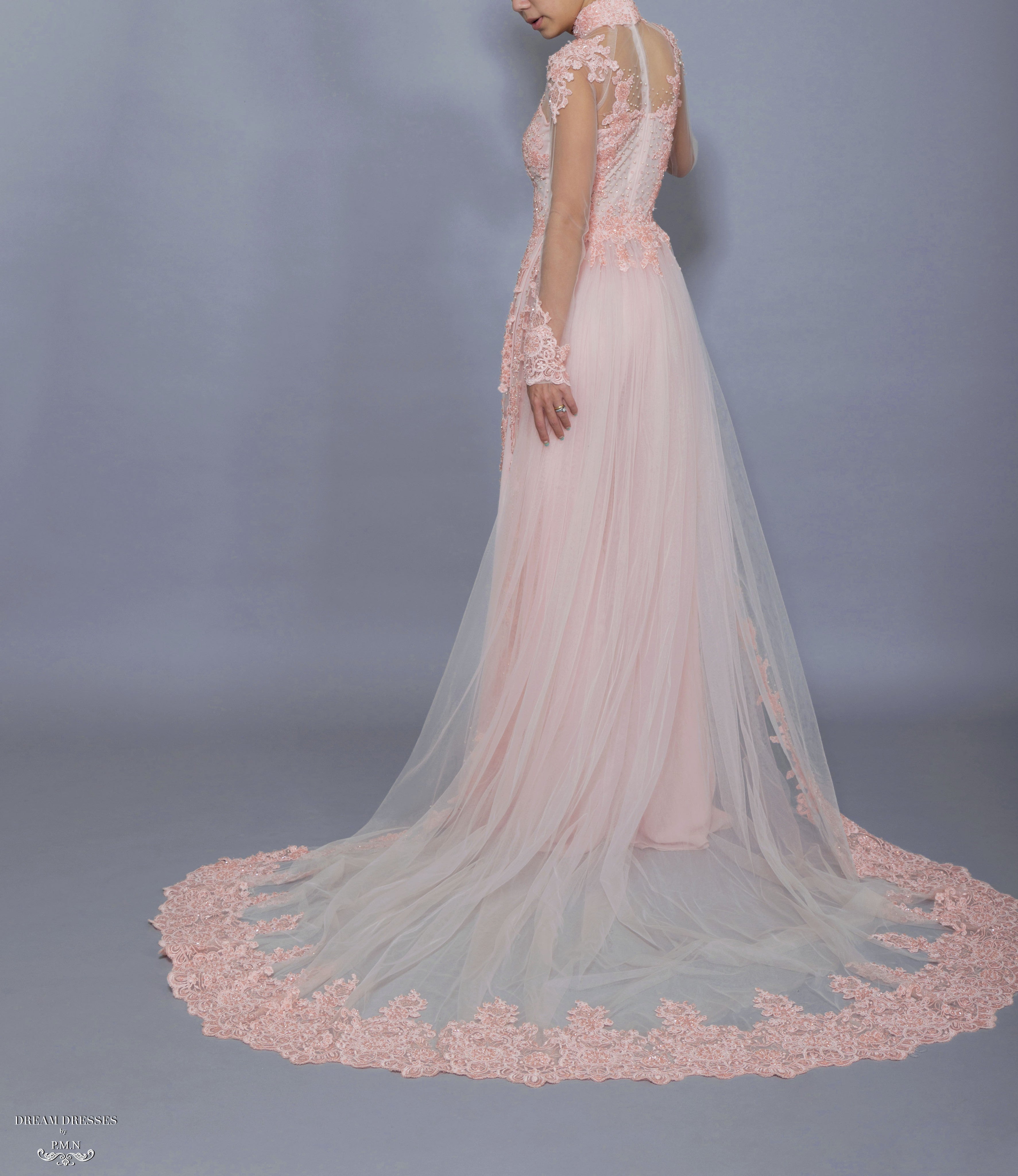 DreamDress By PMN Tala Blush Pink Vietnamese Ao Dai Inspired Wedding Dress Gown Illusion V-Neck Floral Embellishment Long Sleeves DreamDress By PMN Tala Blush Pink Vietnamese Ao Dai Inspired Wedding Dress Gown Illusion V-Neck Floral Embellishment Long Sleeves
