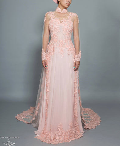 Blush Pink Bridal Ao Dai | Vietnamese Bridal Dress with Embellishment (#TALA)