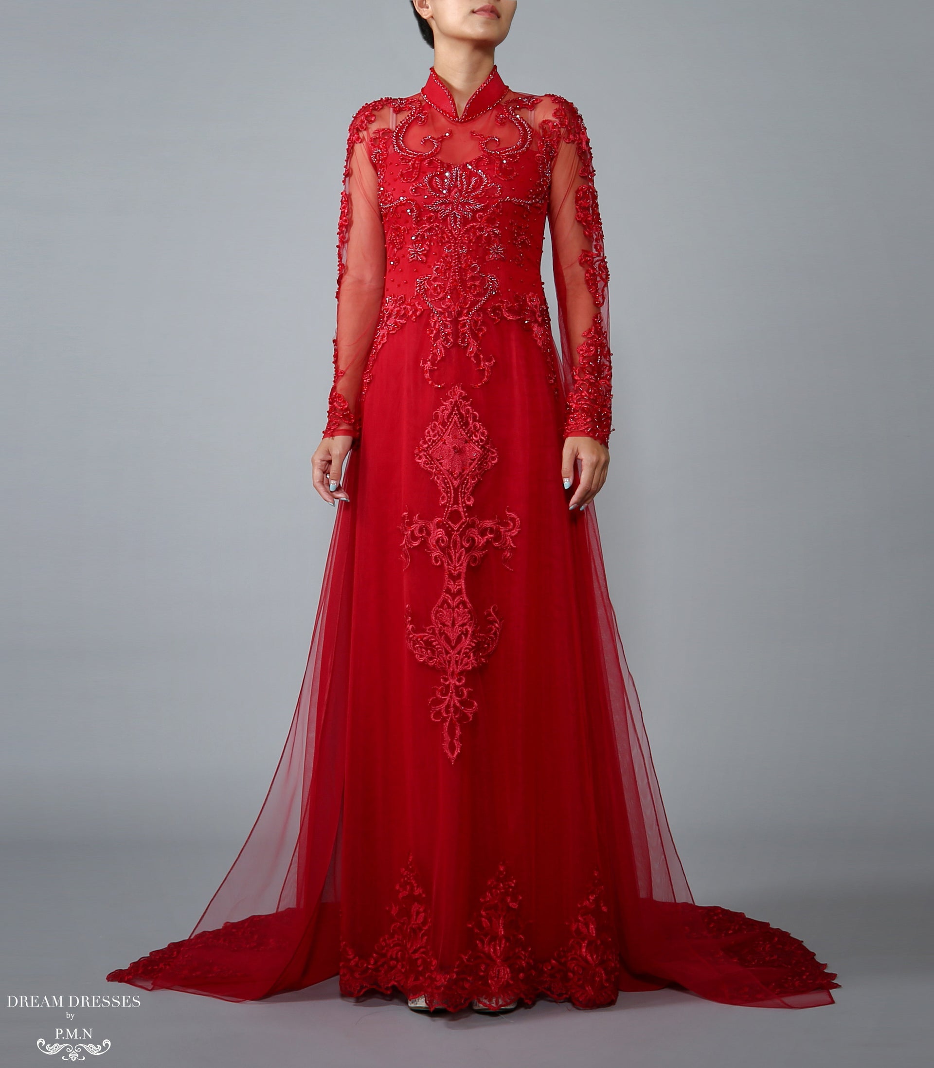 Red Bridal Ao Dai | Vietnamese Lace Bridal Dress (#TALIN) - Dream Dresses by P.M.N.