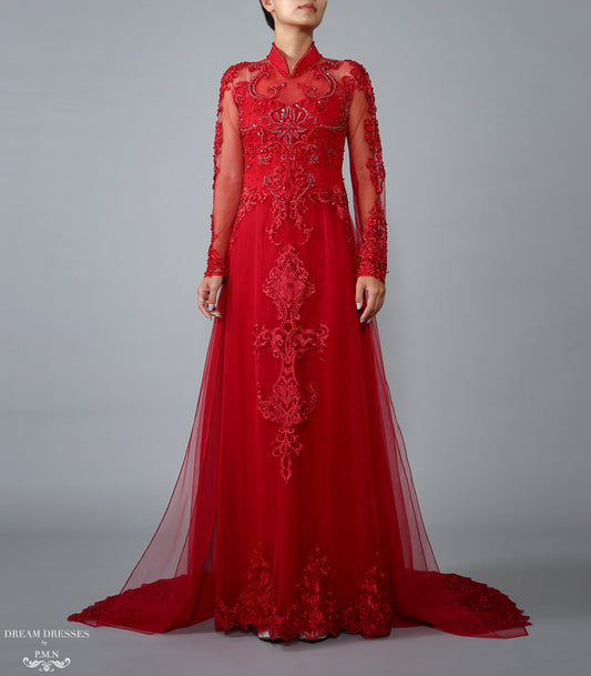 Red Bridal Ao Dai | Vietnamese Lace Bridal Dress (#TALIN) - Dream Dresses by P.M.N.