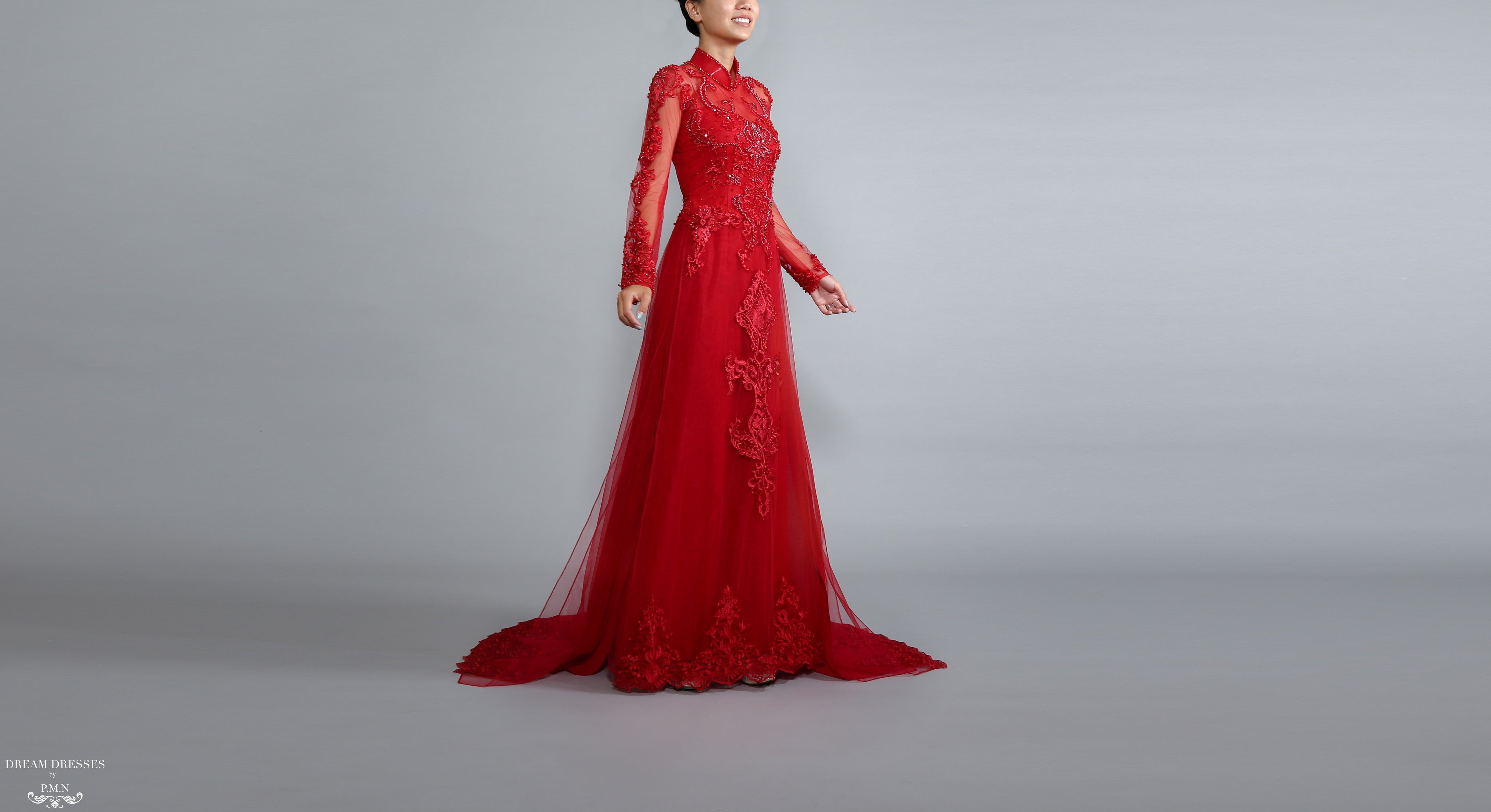Red Bridal Ao Dai | Vietnamese Lace Bridal Dress (#TALIN)