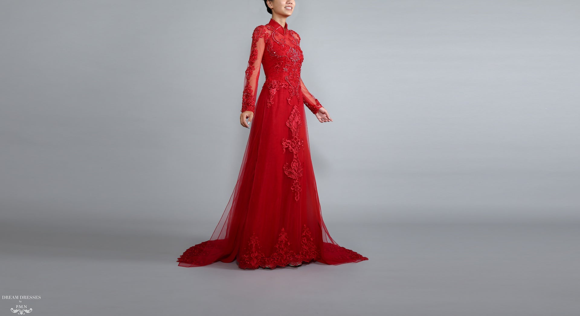 Red Bridal Ao Dai | Vietnamese Lace Bridal Dress (#TALIN) - Dream Dresses by P.M.N.