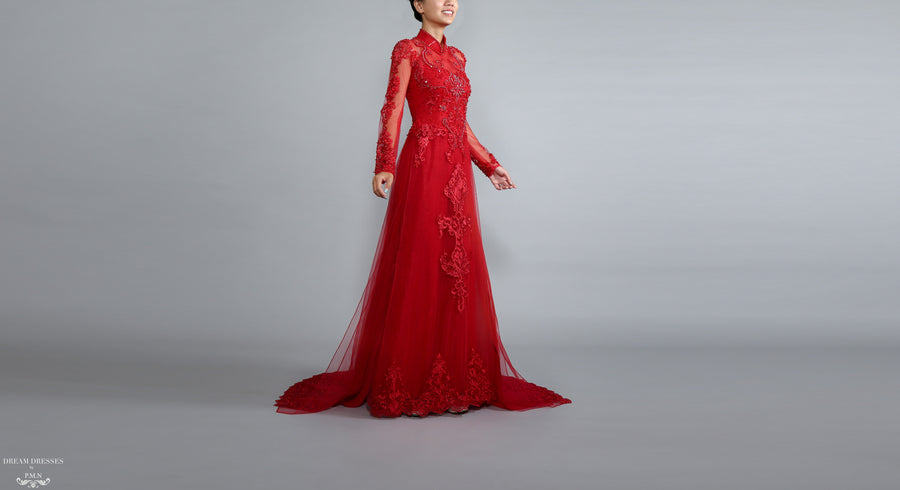 Red Bridal Ao Dai | Vietnamese Lace Bridal Dress (#TALIN) - Dream Dresses by P.M.N.