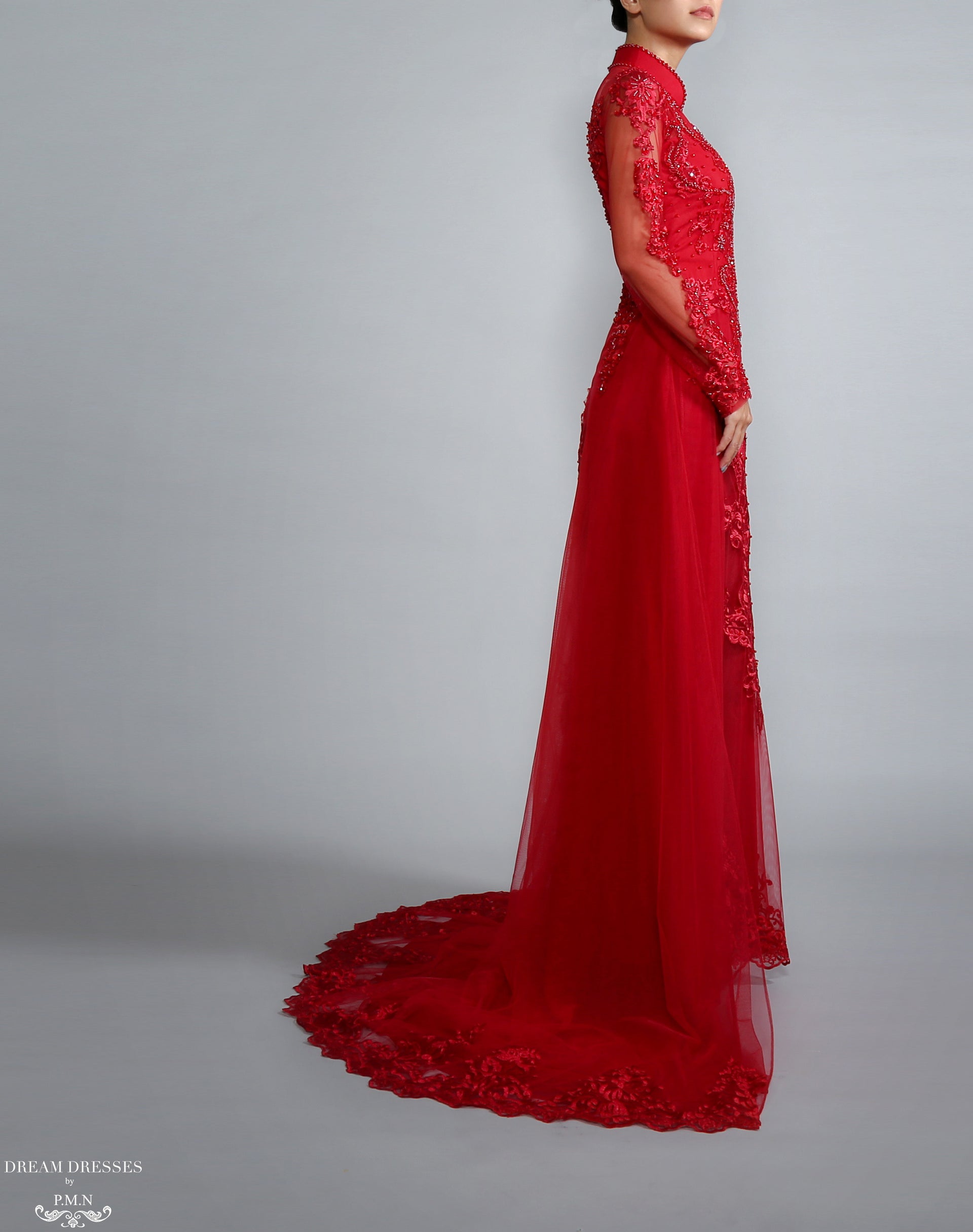 Red Bridal Ao Dai | Vietnamese Lace Bridal Dress (#TALIN) - Dream Dresses by P.M.N.