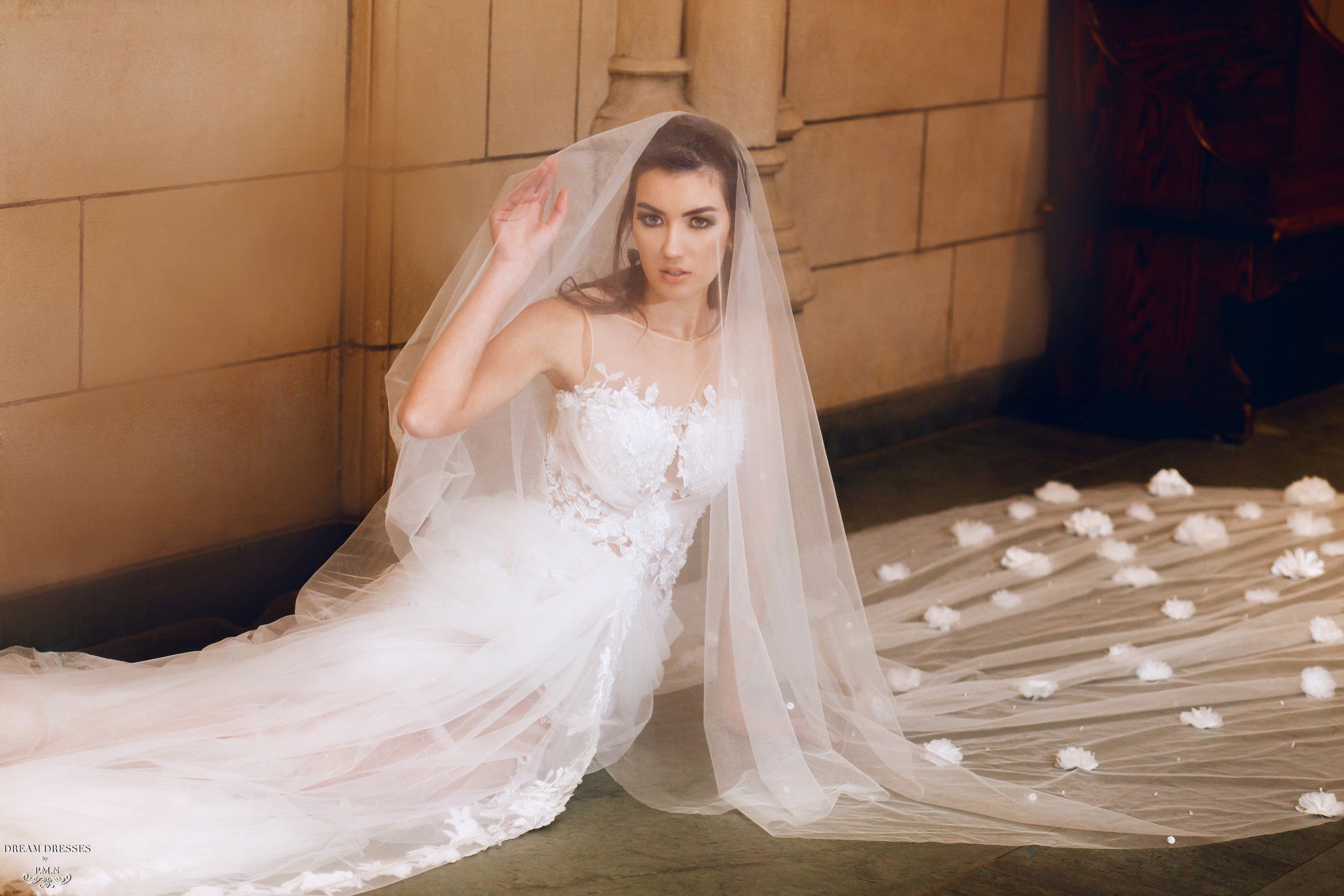 Cathedral Bridal Veil With Flowers (#Tahlia)