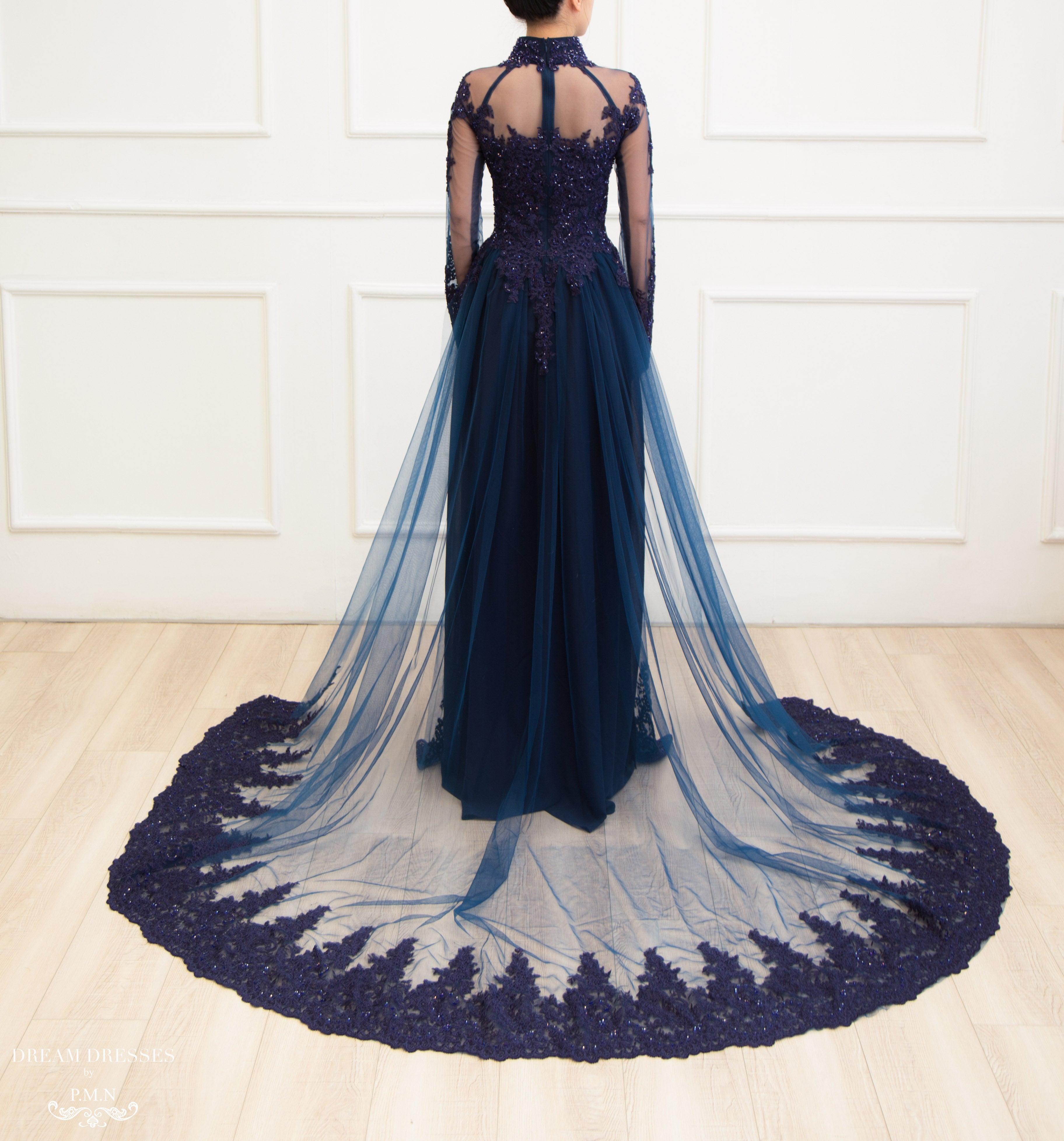 DreamDress By PMN Teresa Ao Dai Inspired Wedding Dress Gown Navy Illusion Neckline Beadings Chiffon Pants Chapel Long Sleeves DreamDress By PMN Teresa Ao Dai Inspired Wedding Dress Gown Navy Illusion Neckline Beadings Chiffon Pants Chapel Long Sleeves