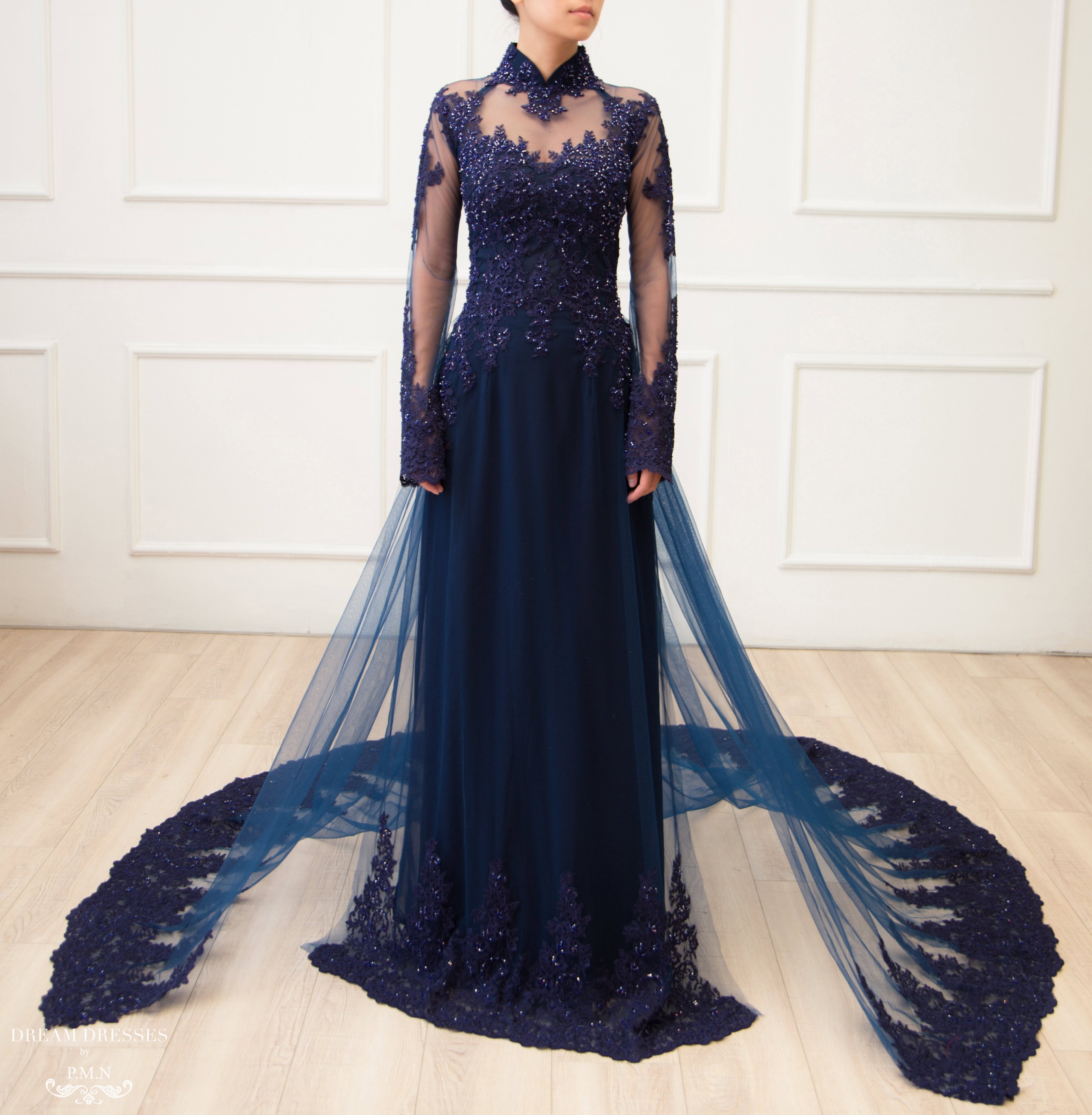 DreamDress By PMN Teresa Ao Dai Inspired Wedding Dress Gown Navy Illusion Neckline Beadings Chiffon Pants Chapel Long Sleeves | Size: Custom DreamDress By PMN Teresa Ao Dai Inspired Wedding Dress Gown Navy Illusion Neckline Beadings Chiffon Pants Chapel Long Sleeves | Size: Custom