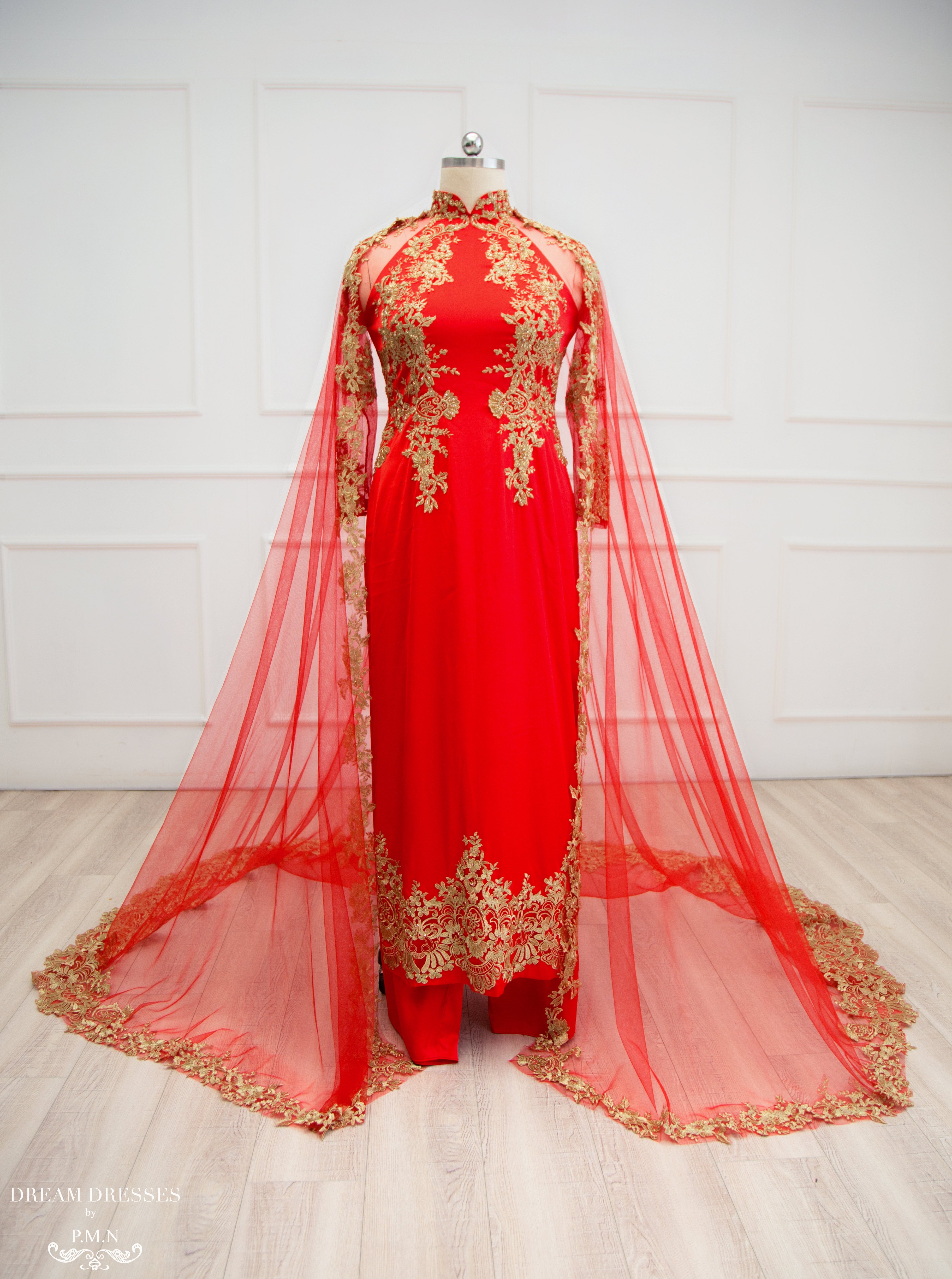 DreamDress By PMN Tema Traditional Vietnamese Ao Dai Inspired Wedding Cape Red Bridal Cape Golden Lace Applique | Size: 26 | Chapel Length DreamDress By PMN Tema Traditional Vietnamese Ao Dai Inspired Wedding Cape Red Bridal Cape Golden Lace Applique | Size: 26 | Chapel Length