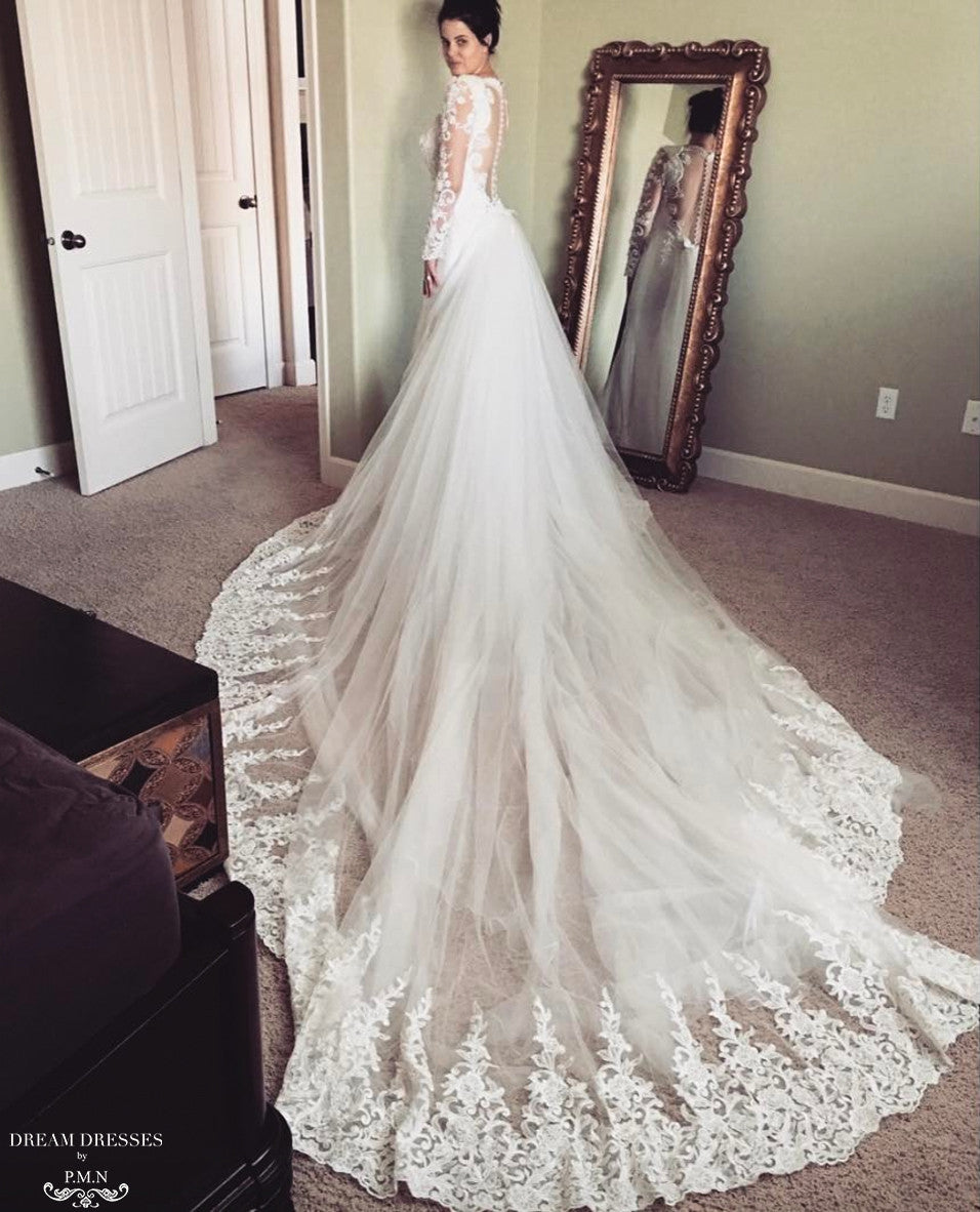 DreamDress By PMN Tessa Wedding Train Detachable 4 Layers Of Tulle Underneath Lace Trim Around The Bottom | Size: Cathedral | Color: True White DreamDress By PMN Tessa Wedding Train Detachable 4 Layers Of Tulle Underneath Lace Trim Around The Bottom | Size: Cathedral | Color: True White
