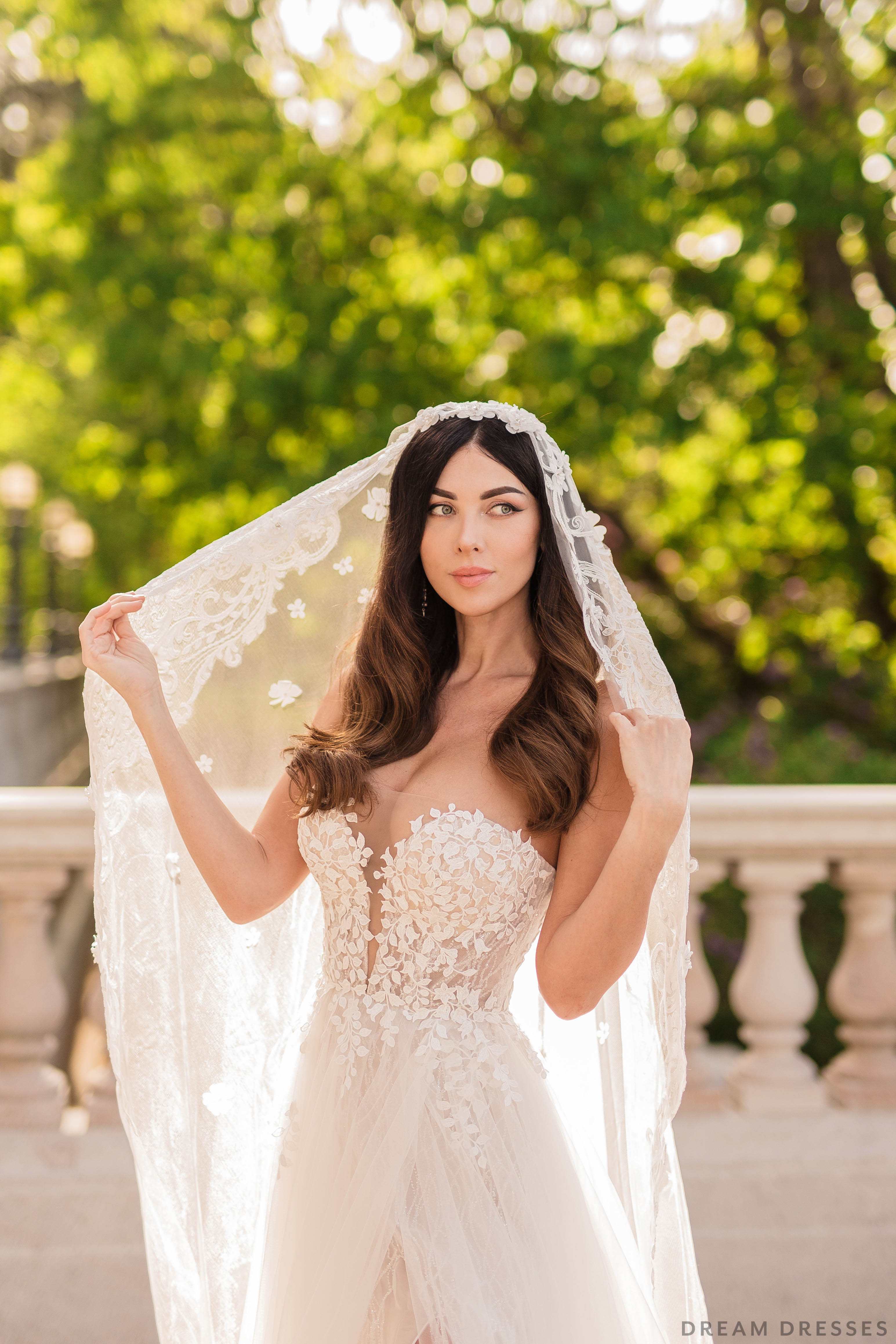 DreamDress By PMN Tyana Mantilla Wedding Veil Soft Tulle Intricate Lace With Crystals Light Ivory | Size: Sweep DreamDress By PMN Tyana Mantilla Wedding Veil Soft Tulle Intricate Lace With Crystals Light Ivory | Size: Sweep