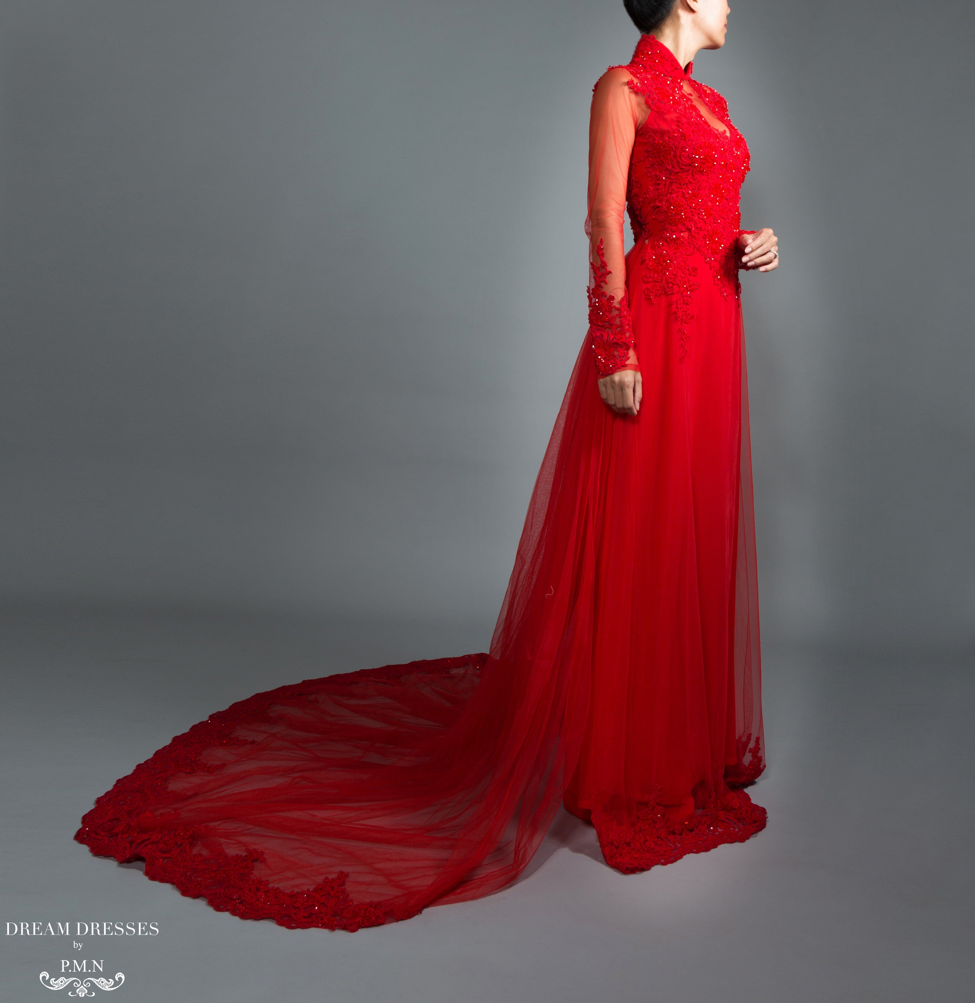 Red Bridal Ao Dai | Vietnamese Lace Bridal Dress (#VIONA)