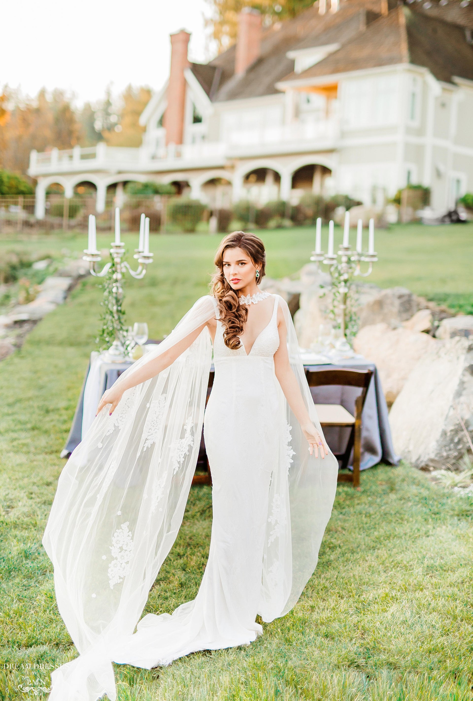 Chapel Bridal Cape Veil (#VEDA) - Dream Dresses by P.M.N.