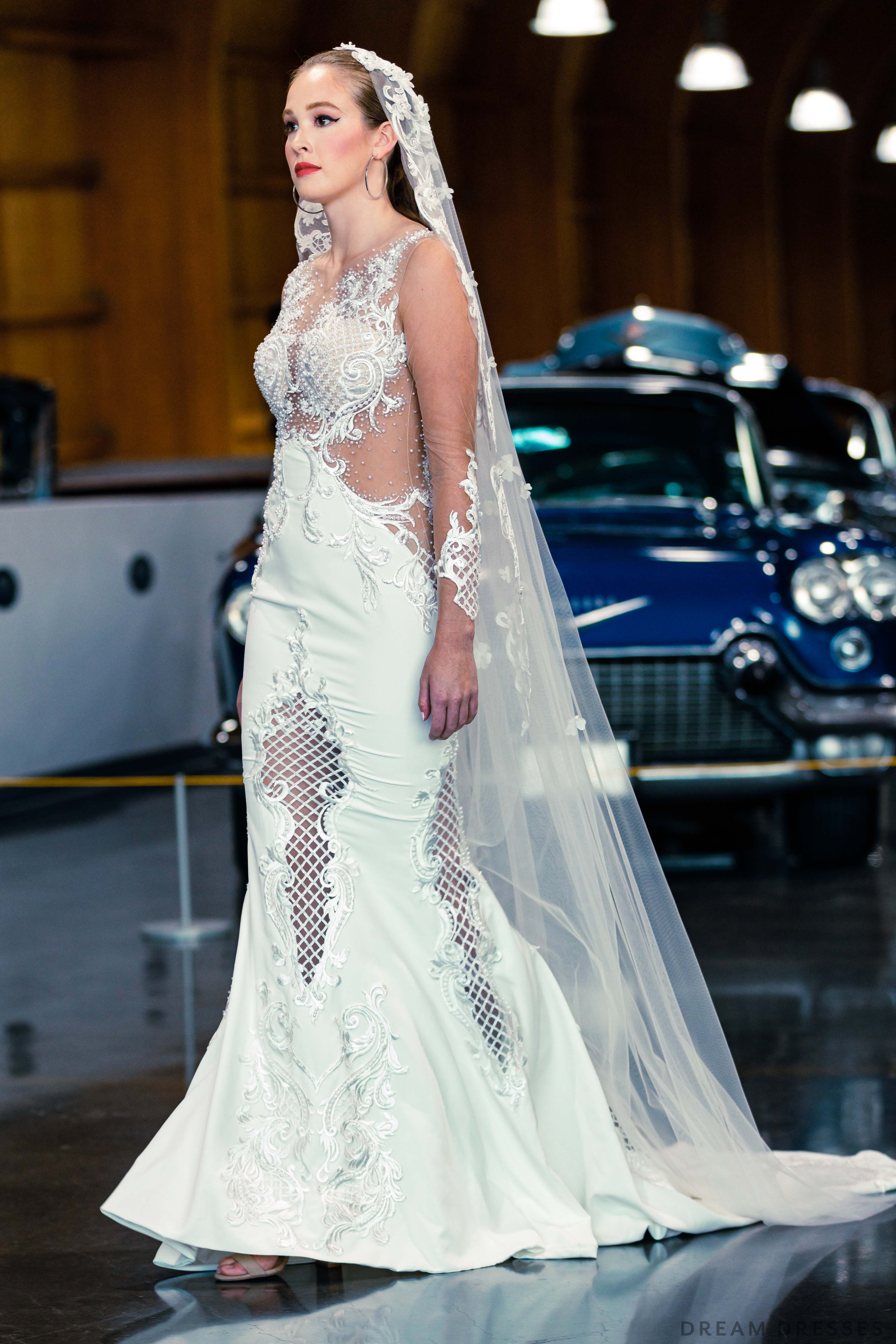 DreamDress By PMN Fit & Flare Wedding Dress Gown Illusion See Through Back Floral Embellishment Beaded Bodice Chapel Train | Size: Small DreamDress By PMN Fit & Flare Wedding Dress Gown Illusion See Through Back Floral Embellishment Beaded Bodice Chapel Train | Size: Small