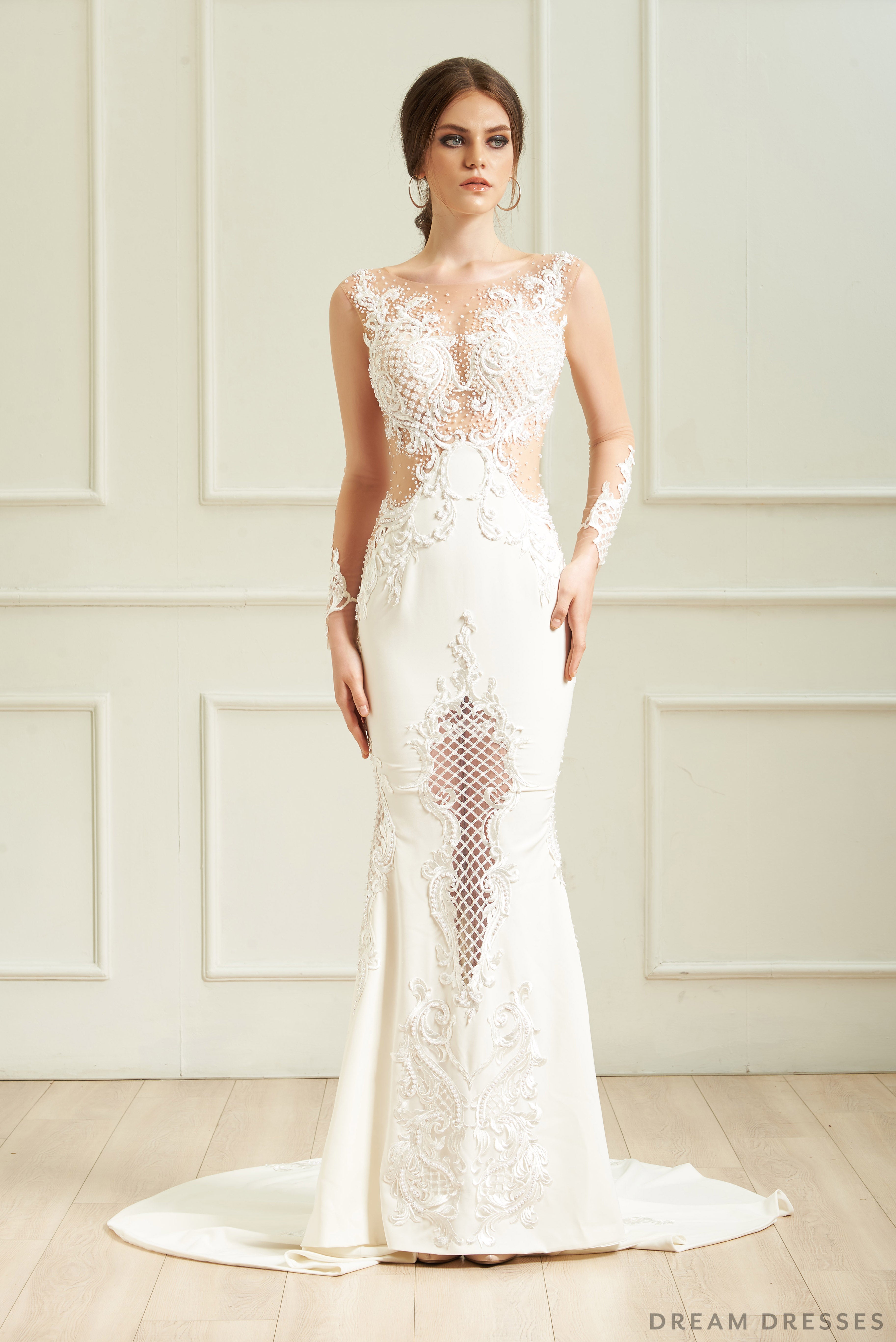 DreamDress By PMN Fit & Flare Wedding Dress Gown Illusion See Through Back Floral Embellishment Beaded Bodice Chapel Train | Size: Small DreamDress By PMN Fit & Flare Wedding Dress Gown Illusion See Through Back Floral Embellishment Beaded Bodice Chapel Train | Size: Small