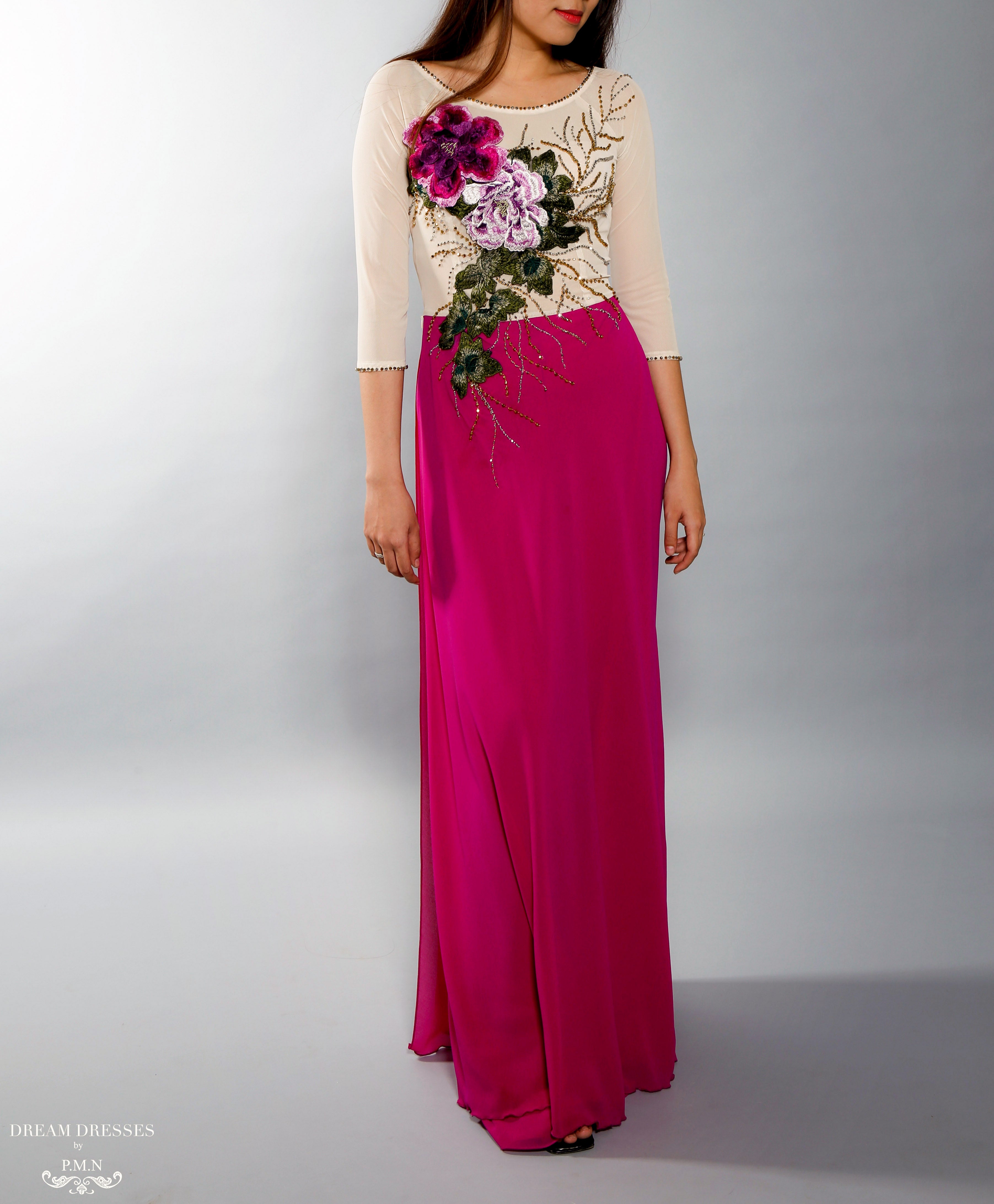 Color Block Modern Ao Dai | Vietnamese Bridal Dress with Embroidery Flowers (#VILLETTA)